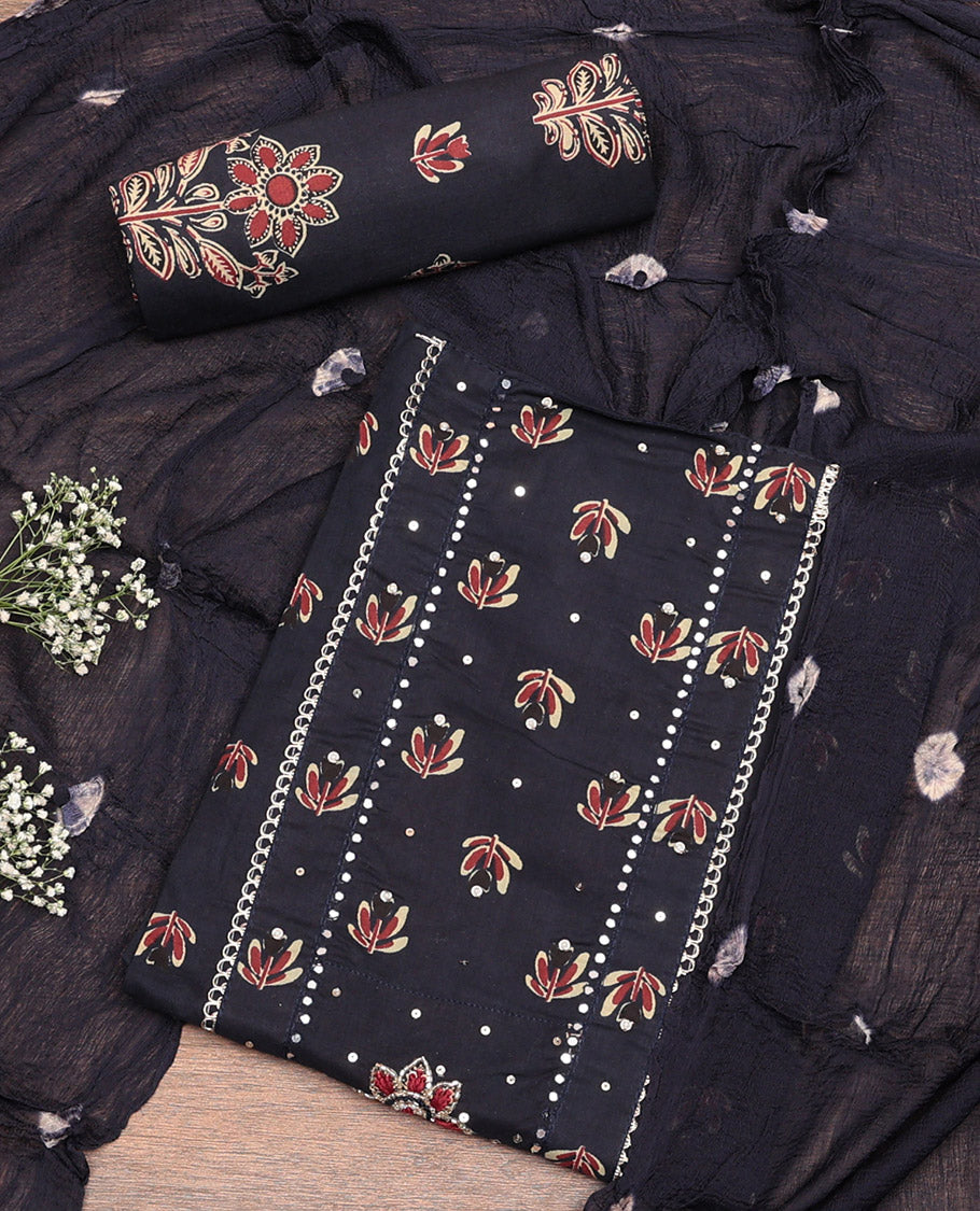 Black Cotton Material Churidar Set, Enthralled with Buttas and Mirror Work Top, Printed Bottom, and Printed Chiffon Dupatta