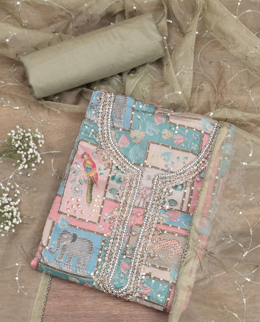 Green Organza Material Chudidar Set
