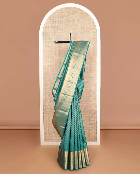 Peacock blue diagonal floral vine Vasundhara silk mix saree, traditional zari design border & jaal pallu