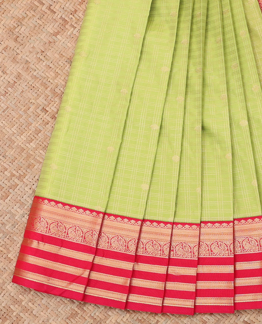 Green Budget Silk Saree, Sparsely Threaded with Zari Buttas and Checks, a Contrast Traditional Zari Border, Jaal Pallu, and a Contrast Blouse