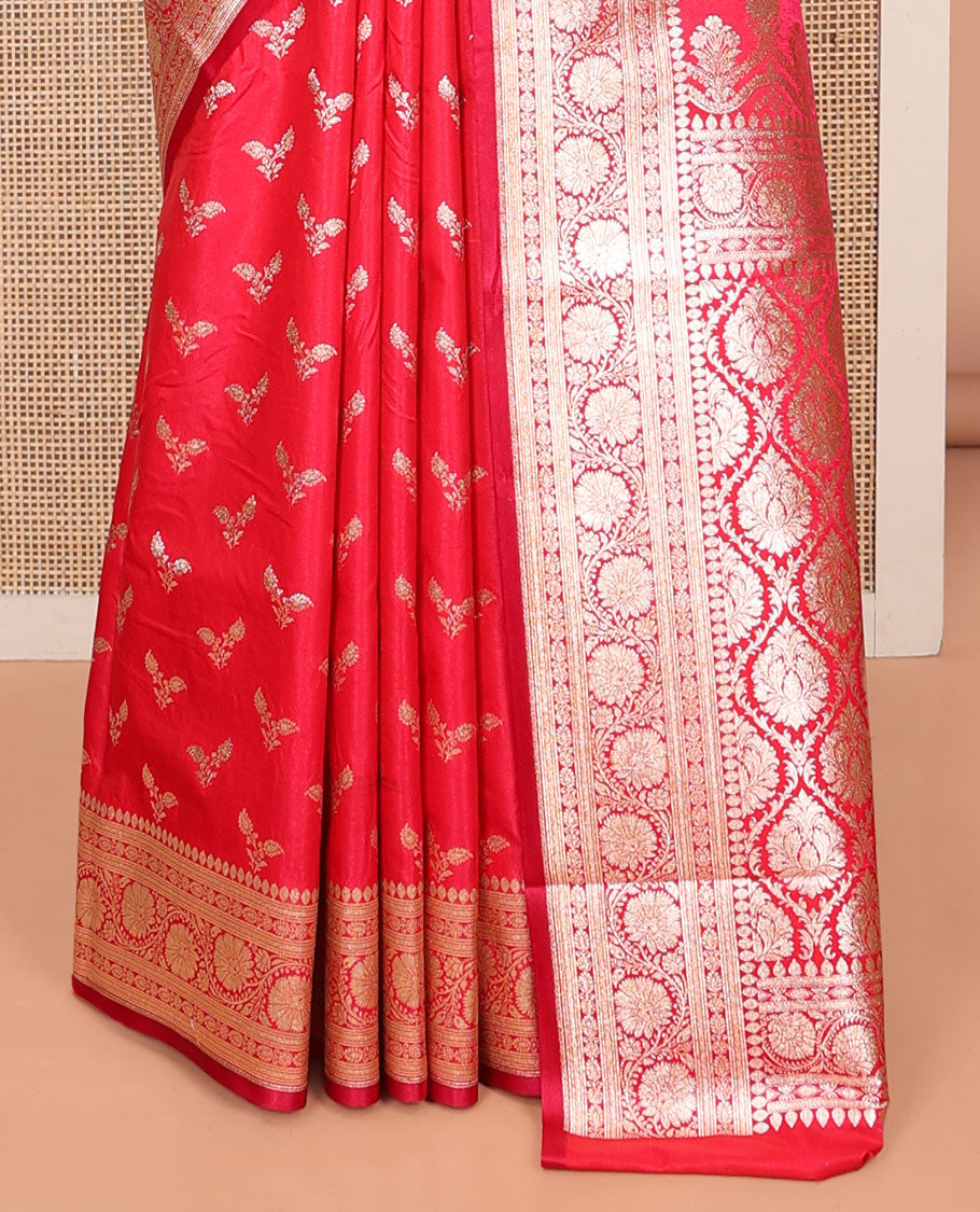 Red Banarasi Nylon Saree, Delicately Woven with Buttas, Floral Creeper Zari Border, Intricate Pallu, and a Matching Blouse