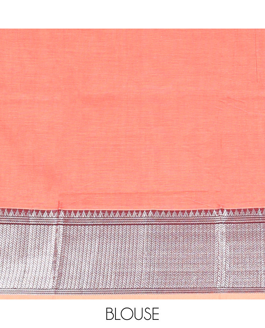 Peach plain Narayanapet cotton saree, contrast geometric patterned thread border, and striped pallu