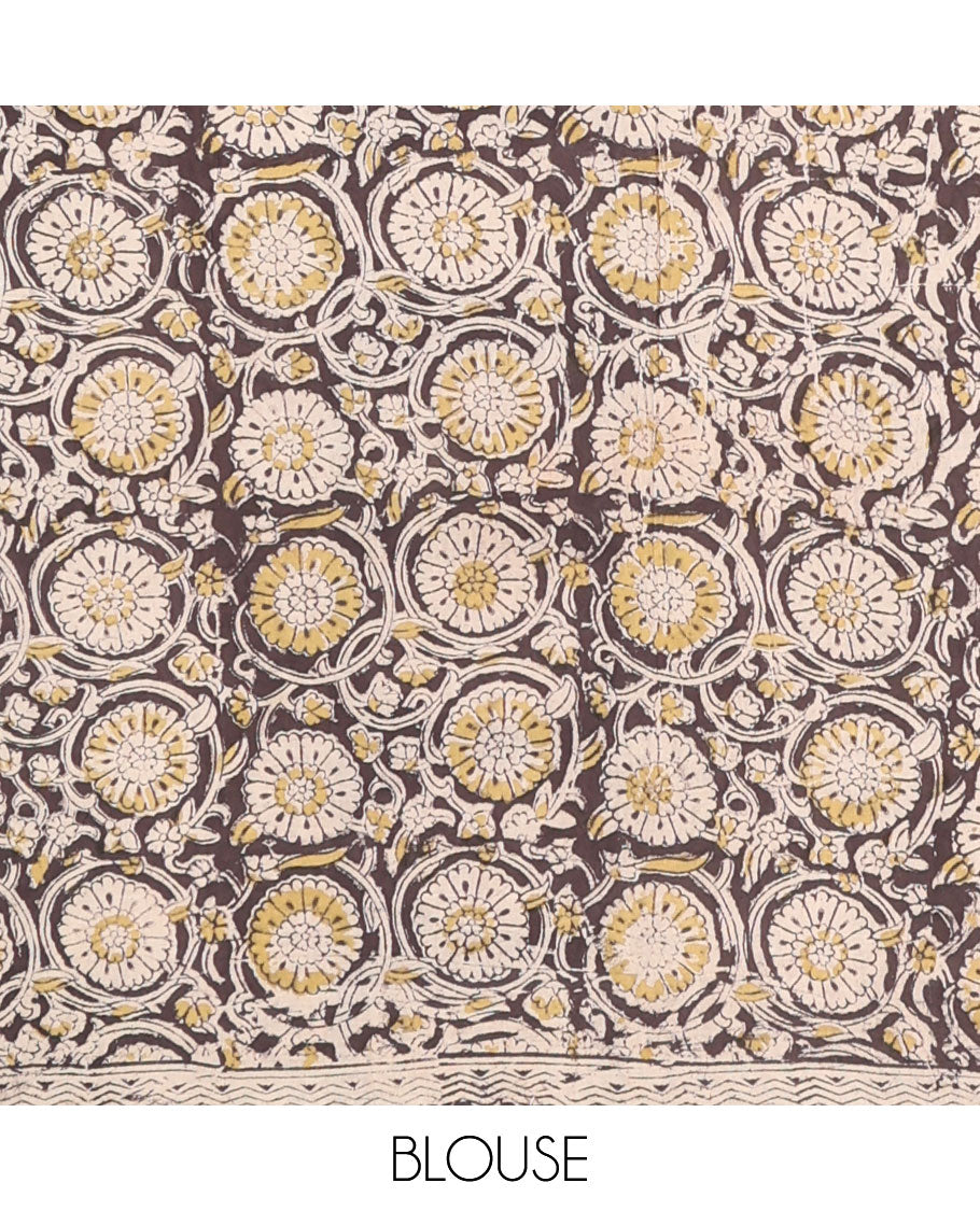 Light sandal floral vine machine-printed kalamkari cotton saree, printed border & printed pallu
