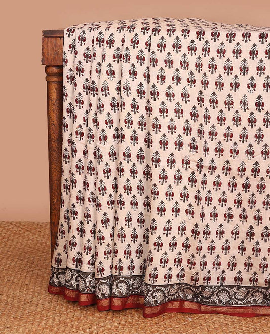 Sandal unique motifs printed mul mul cotton saree, contrast zari border, and pallu of intricate print