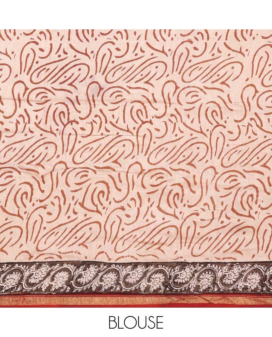 Sandal unique motifs printed mul mul cotton saree, contrast zari border, and pallu of intricate print