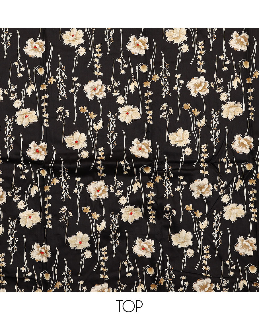 Black material chudidar set, floral motifs printed top, plain bottom, and floral printed dupatta