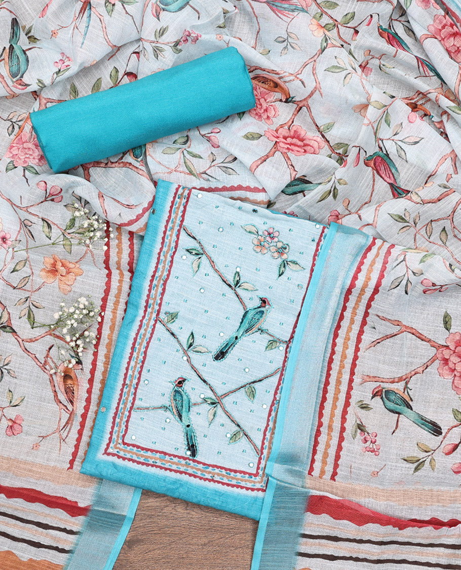Blue Material Chudidar Set, Artfully Detailed with Mirror Work and Floral-Bird Print and Embroidered Neck Work Lilan Cotton Top, a Plain Rayon Bottom, and Paired with a Contrast Floral-Bird-Printed Lilan Cotton Dupatta