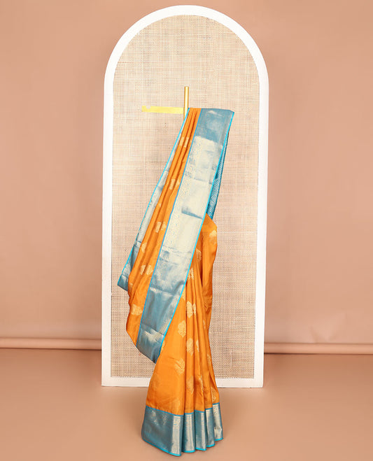 Orange zari buttas Vasundhara silk mix saree, contrast traditional zari border & pallu features diagonal kodi visiry designs
