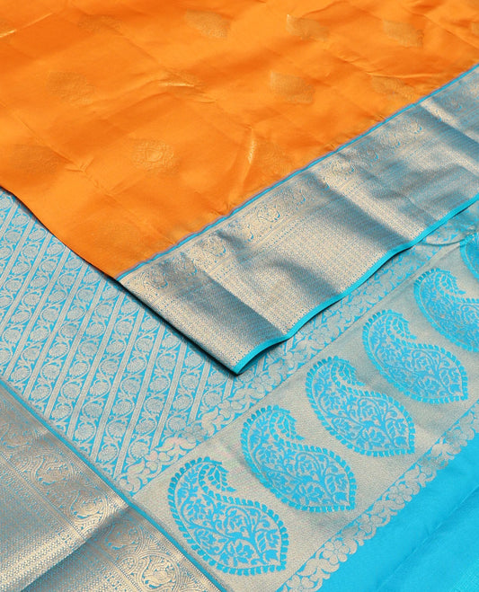 Orange zari buttas Vasundhara silk mix saree, contrast traditional zari border & pallu features diagonal kodi visiry designs