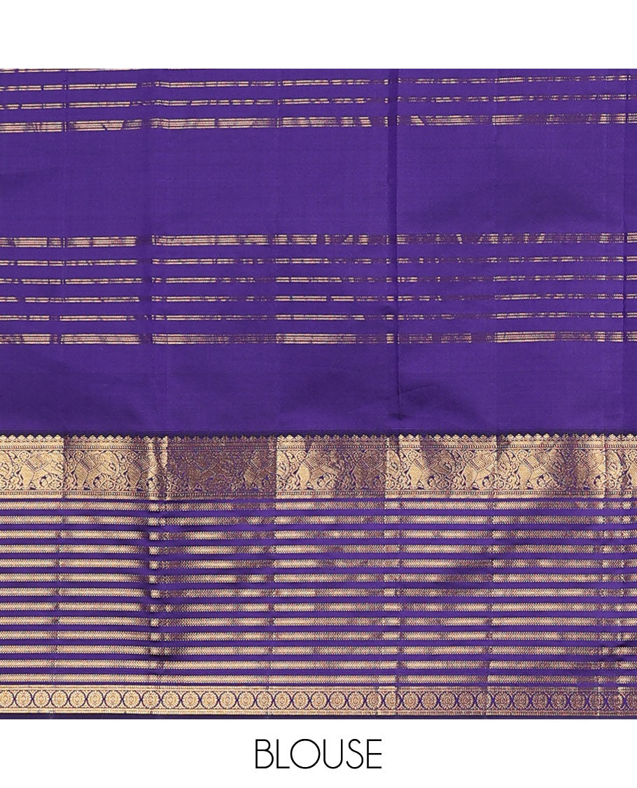 Blue zari buttas and checked Vasundhara silk mix saree, contrast varisai pettu border of salangai, yaanai, muthu, kathir, and chakram designs, and ogee patterned pallu
