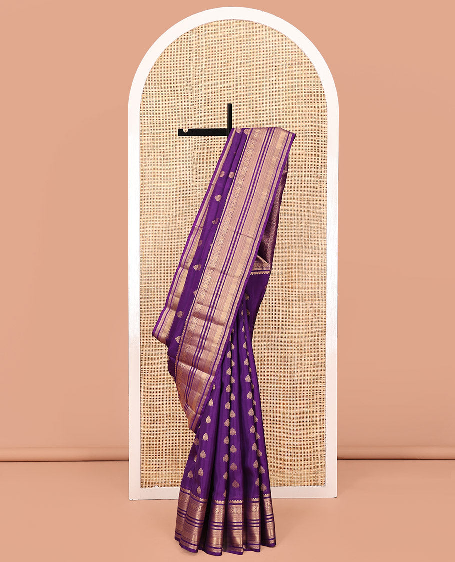 Violet Vasundhara Lite Silk Mix Saree, Elevated with Zari Buttas On Its Body, Highlighted by Rekku, Diamond, Kathir, Neli, and Mayil Kann Designs, Grandly Decked Up Pallu and Paired with a Matching Blouse