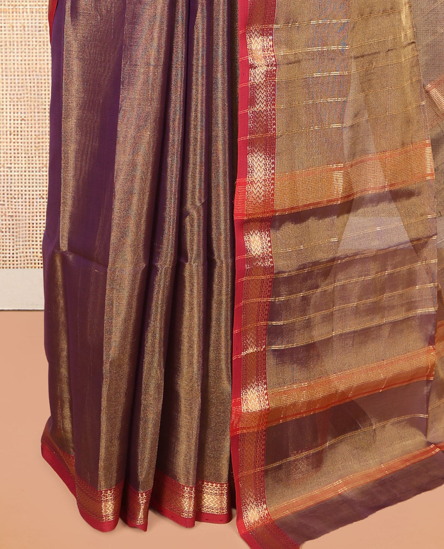 Brown Plain Maheshwari Cotton Saree, a Contrast Traditional Zari Border, Pallu of Zari Stripes, and a Matching Blouse