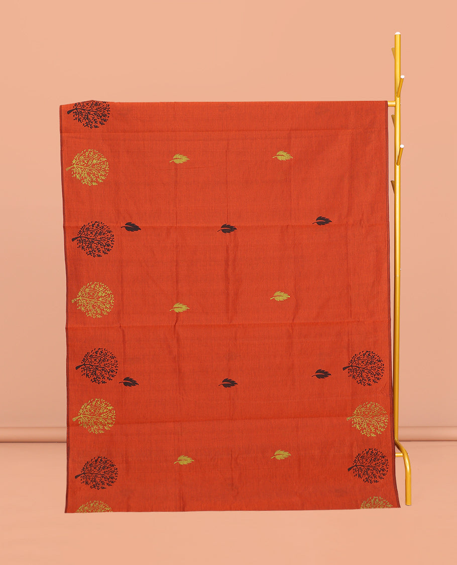 Borderless Orange Poly Cotton Saree, Graced with Leaf and Tree Motifs Print, a Self-Pallu, and a Contrast Printed Blouse