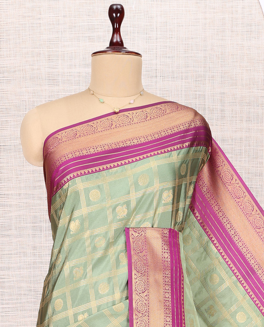 Green Peacock Chakram Butta Enclosed Checks Budget Silk Saree