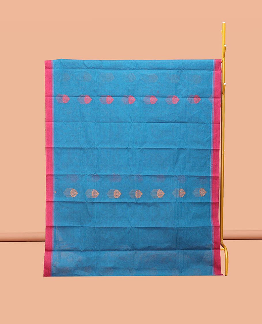 Blue Kanchi Cotton Saree, Decorated with Buttas, Complemented by a Contrast Border, Intricate Pallu, and a Matching Blouse