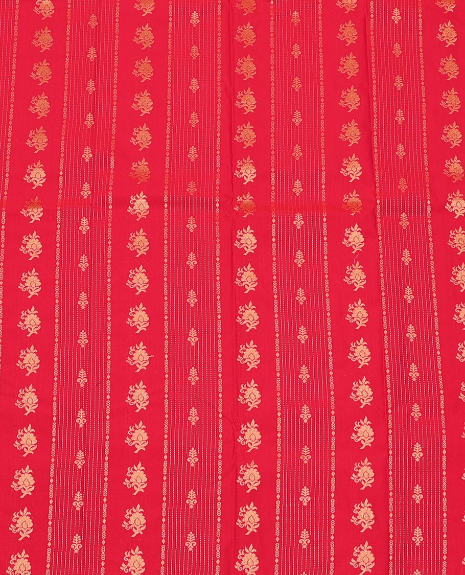 Red Art Silk Pavadai Material Set, Gleamed Up with Zari Design on Its Skirt, Complemented by a Contrast Traditional Zari Design Border, and Paired with a Contrast Blouse