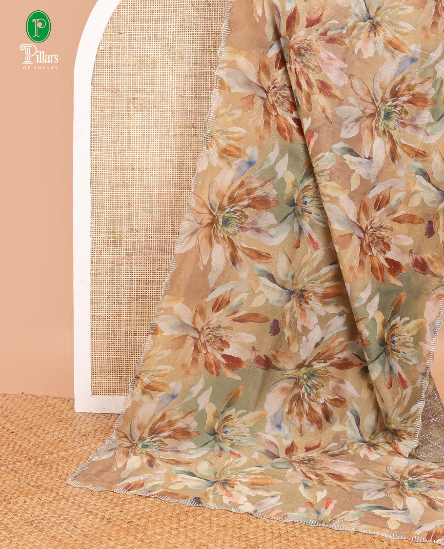 Mustard digital printed crush tissue saree with jargon stone work , scallop border & digital printed pallu along with swarovski stone work blouse