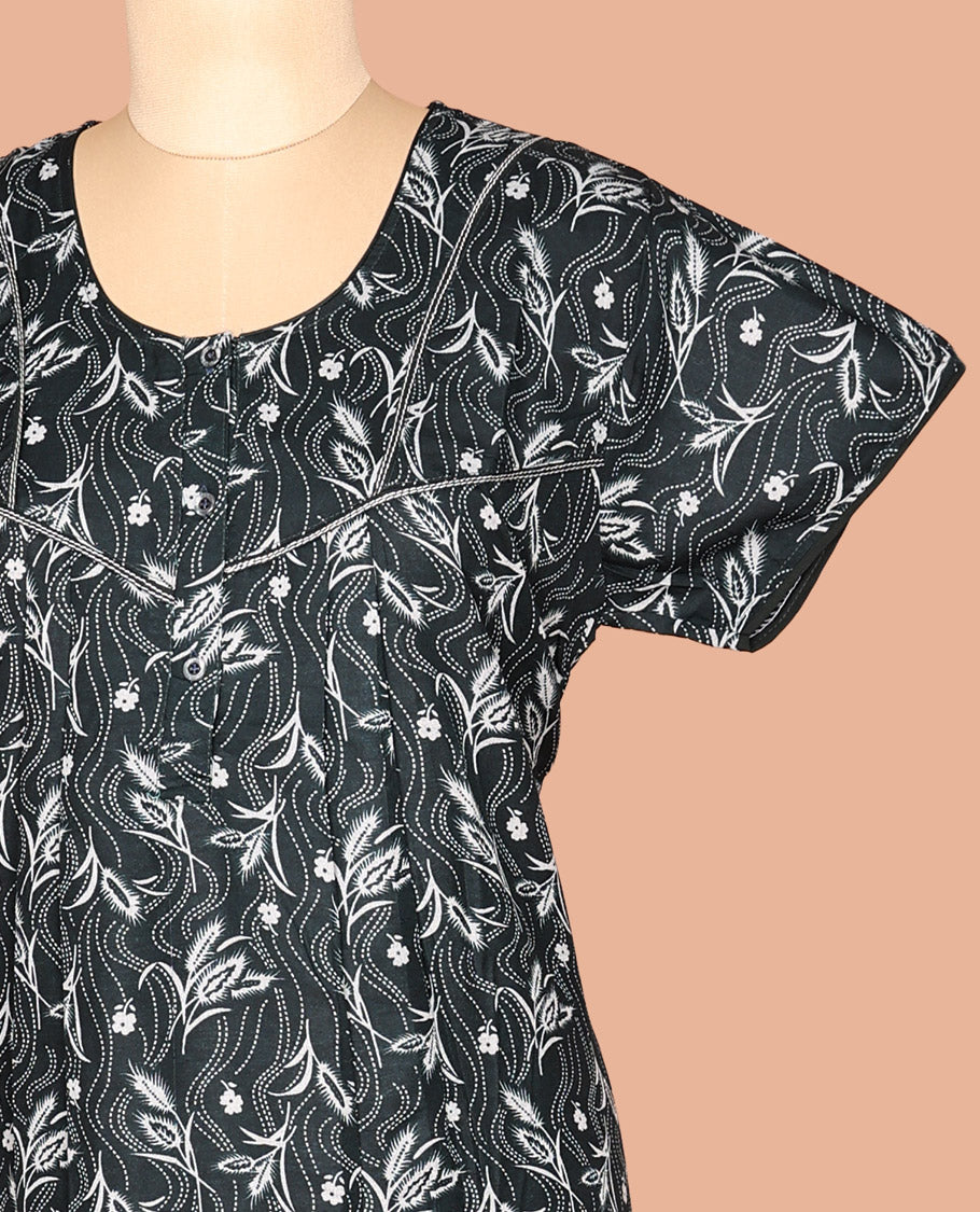 Green Floral Print Cotton-Blended Nighty