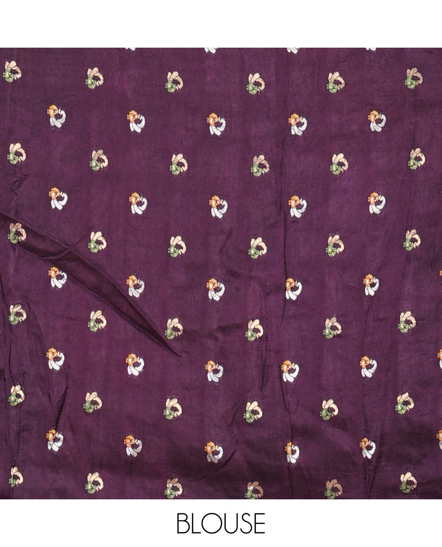 Dark violet and rani pink three-part, uniquely woven Russian silk saree features zari buttas and deer motifs, traditional motifs border, striped pallu, and a contrast buttas blouse
