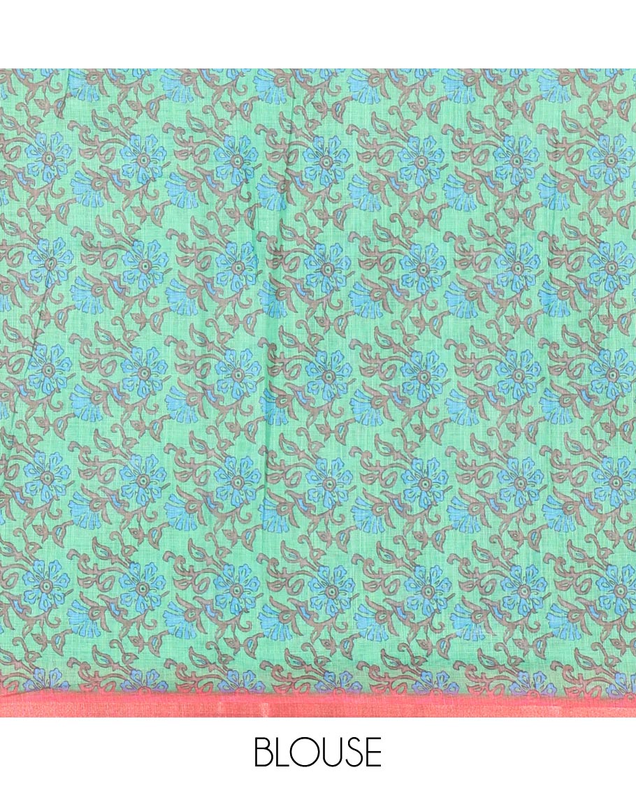 Pink shibori printed linen cotton saree, piping border, contrast floral printed pallu, and a contrast floral printed blouse