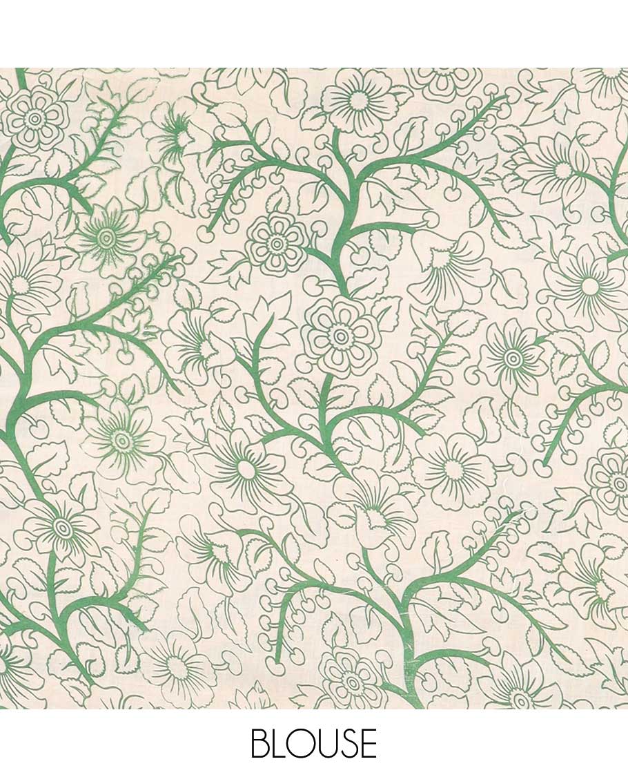 Green geometric machine-printed kalamkari cotton saree, diamond border & God Krishna Radha motifs pallu