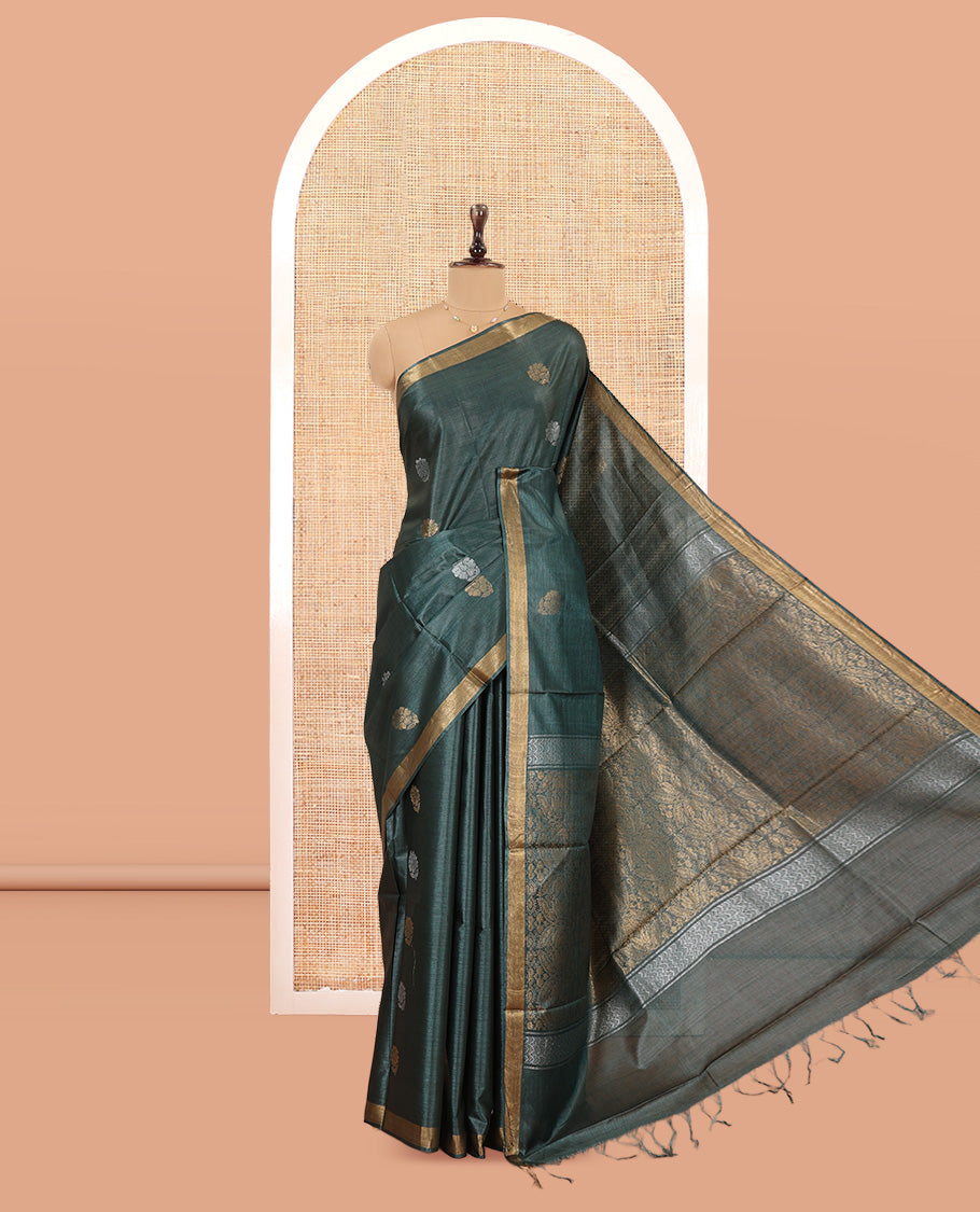 Green Tussar Saree, Woven with Buttas, a Subtle Zari Border, Pallu of Intricate Designs, and a Matching Blouse