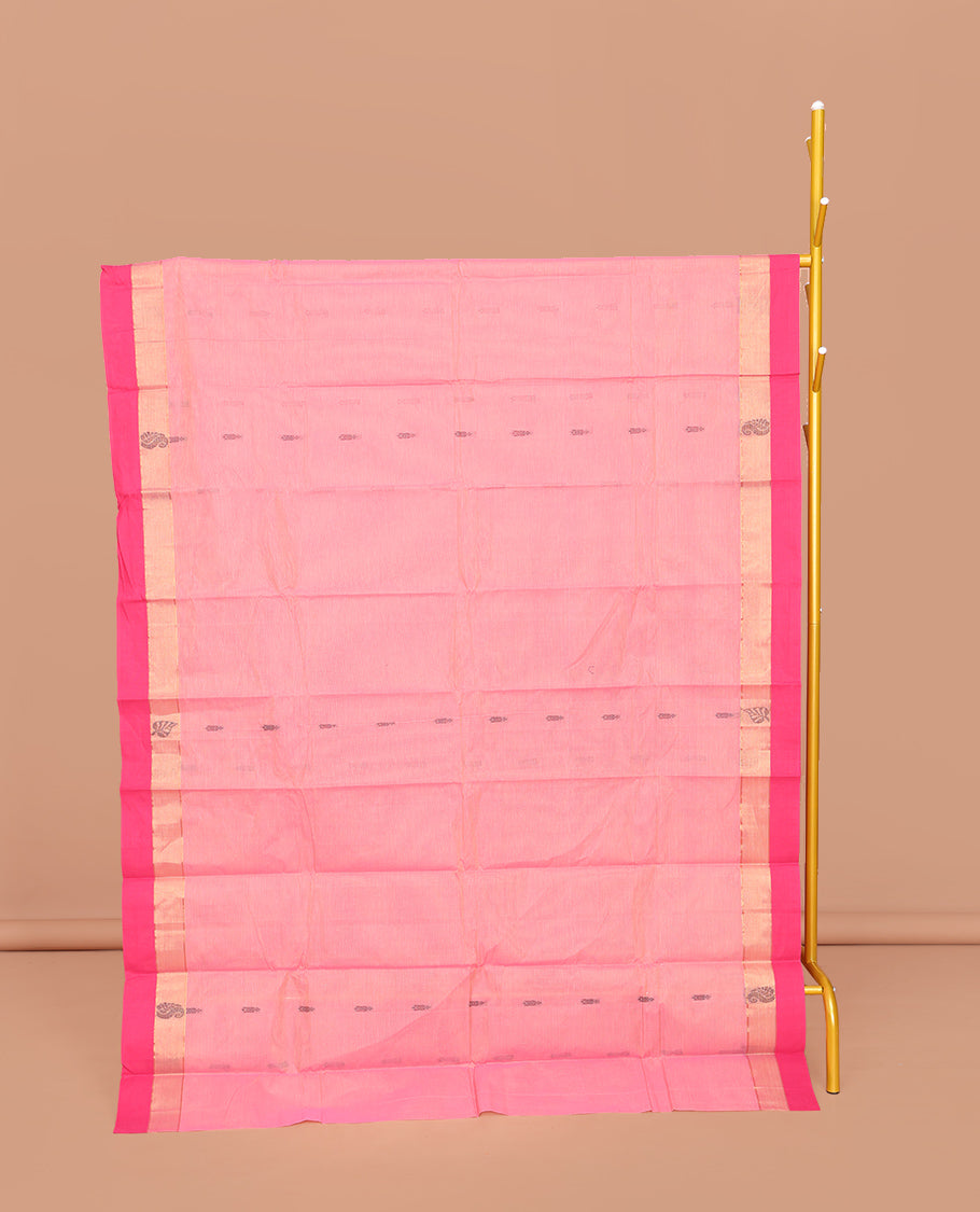 Pink Kanchi Cotton Saree, Bedecked with Buttas All Over Its Body, Complemented by a Contrast Border of Paisley and Leaf Designs, Pallu of Jaal Designs, and Paired with a Matching Blouse