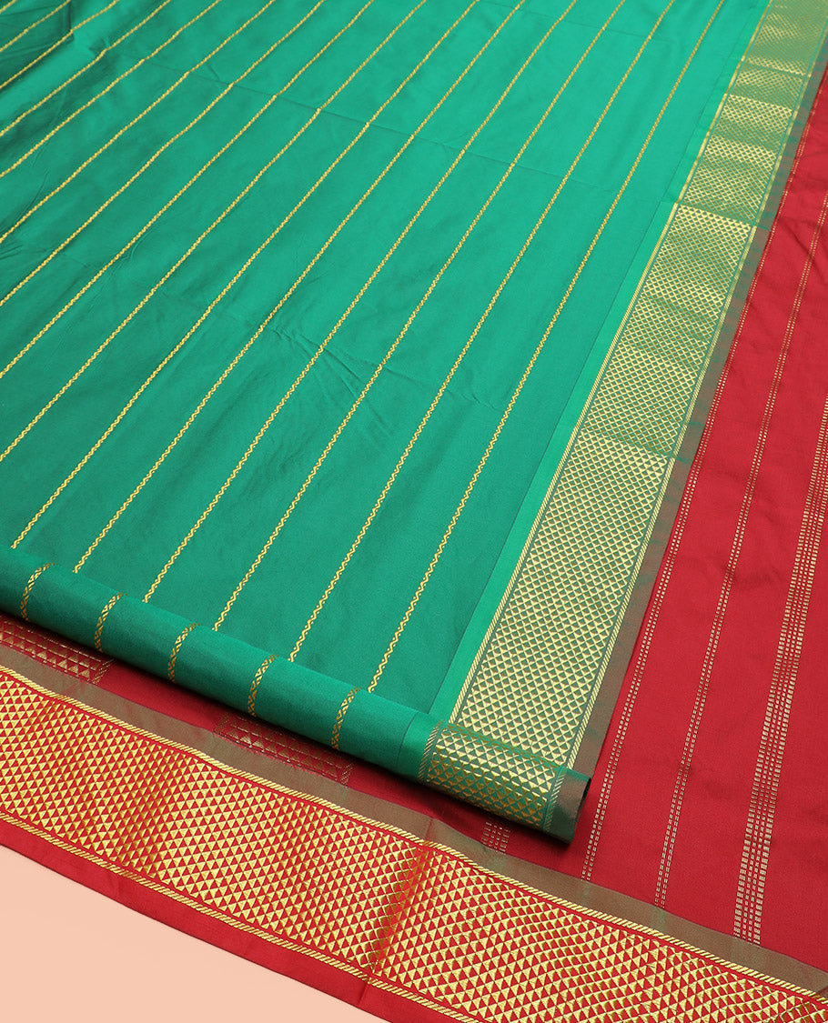 Green Ten-Yard Art Silk Saree Elevated with Neli Stripes on Its Body, Complemented by a Zari Traditional Ara Maadam Border, and Pallu Featuring Traditional Ara Maadam Designs