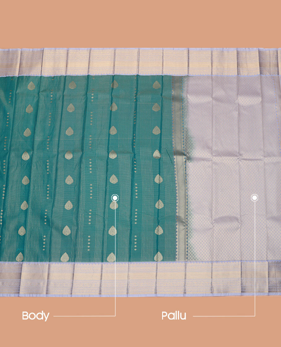 Blue Budget Silk Saree, Decorated with Zari Buttas and Zari Checks on Its Body, Complemented by a Contrast Traditional Zari Design Border, Grand Jaal Pallu, and Paired with a Contrast Blouse