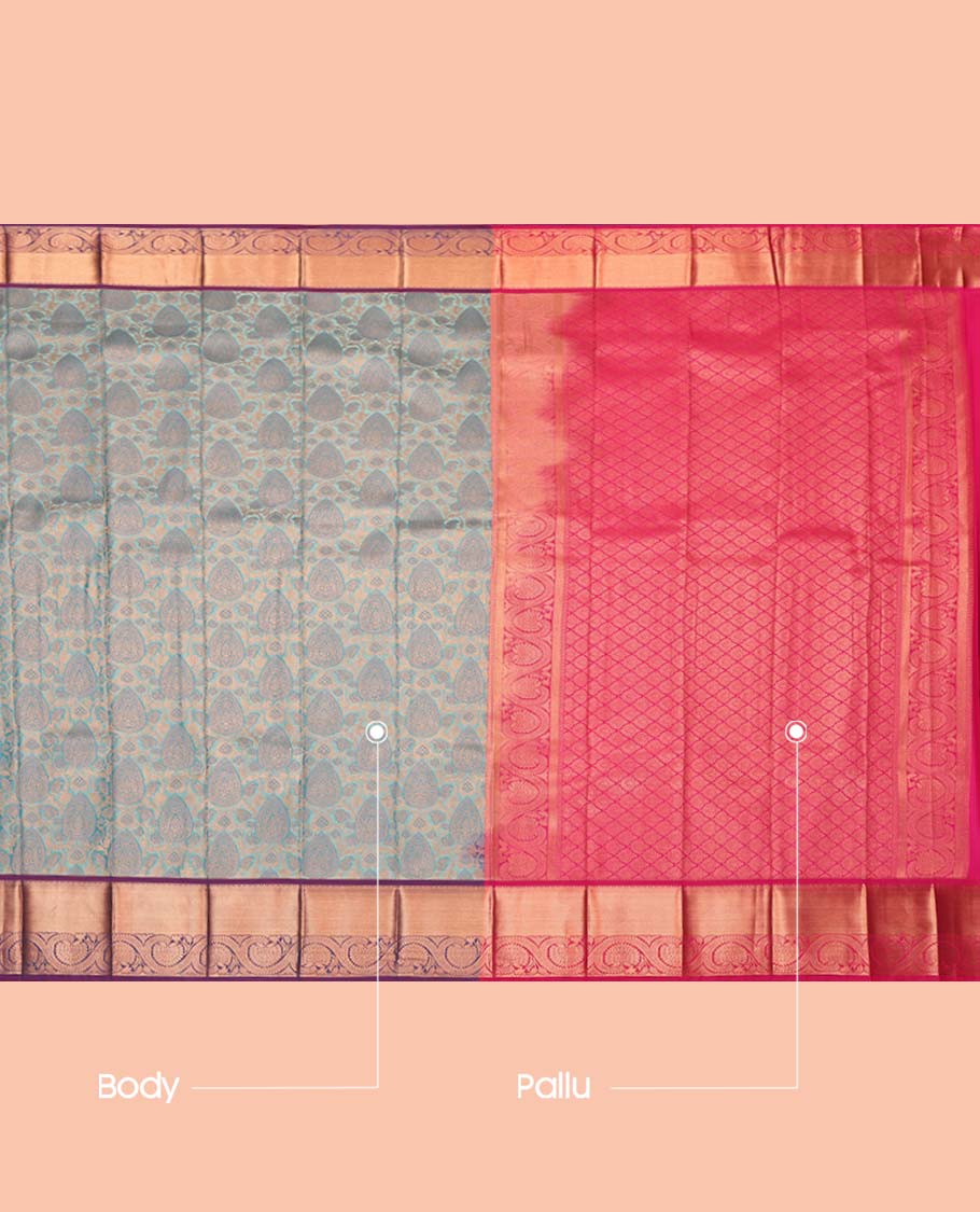Blue Budget Silk Saree, Woven with Jacquard Design, Complemented by a Contrast Floral Creeper Zari Border, Grand Jaal Pallu, and a Contrast Blouse