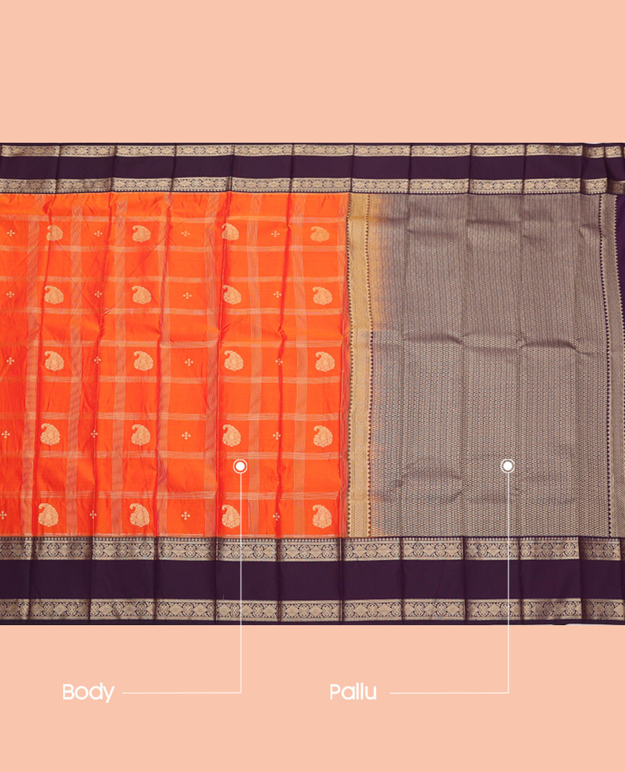 Orange Budget Silk Saree, Spotlighted with Zari Butta Enclosed Checks, Complemented by a Contrast Traditional Zari Rettai Pettu Border, Grand Pallu, and Contrast Blouse