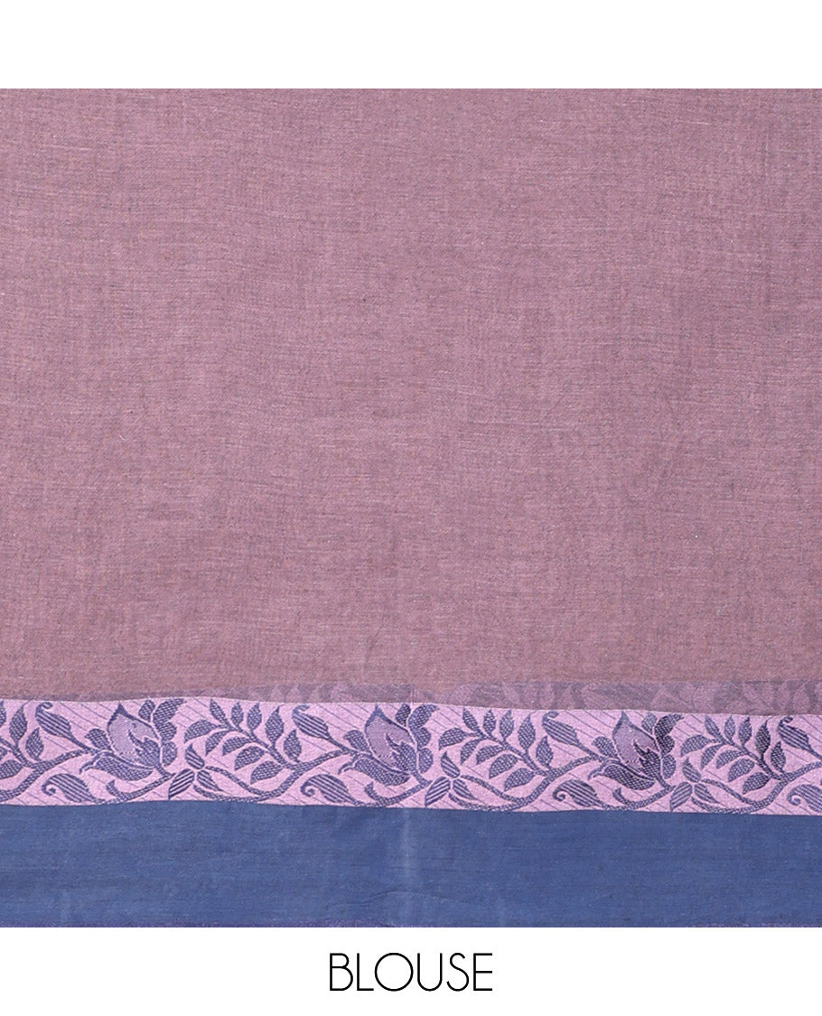 Lavender Bengal Cotton Saree Featuring Buttas, a Contrast Floral Creeper Border, a Pallu of Stripes and Buttas, and a Matching Blouse