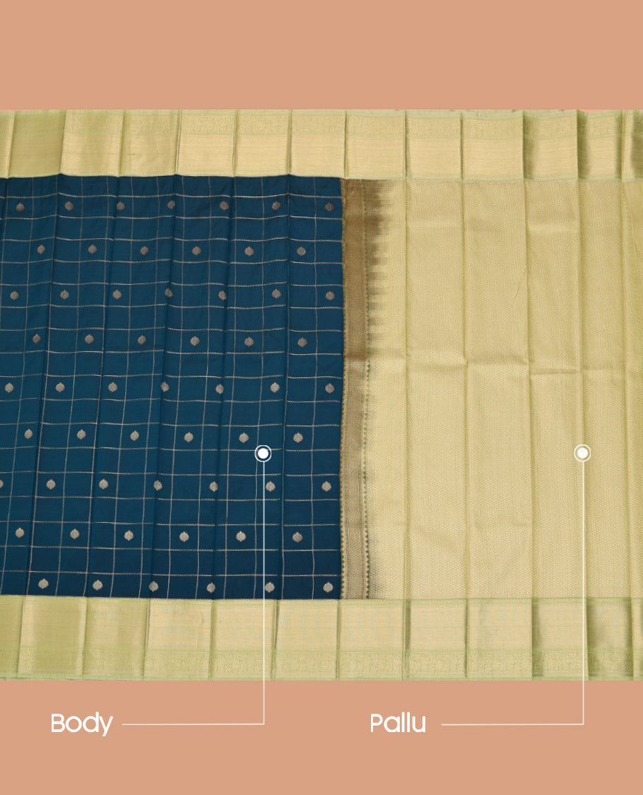 Blue Budget Silk Saree, Gleamed Up with Zari Butta Enclosed Checks All Over Its Body, Complemented by a Contrast Traditional Zari Design Border, Sparsely Sparkled Pallu, and Paired with a Contrast Blouse
