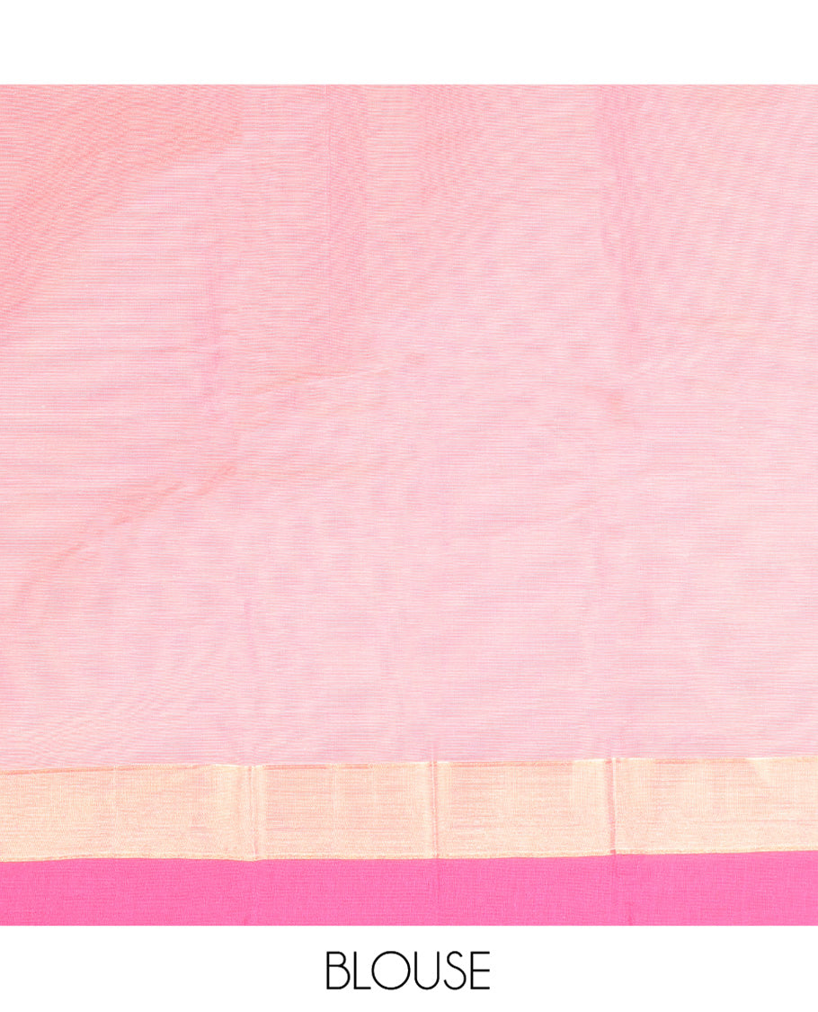 Pink Kanchi Cotton Saree, Bedecked with Buttas All Over Its Body, Complemented by a Contrast Border of Paisley and Leaf Designs, Pallu of Jaal Designs, and Paired with a Matching Blouse