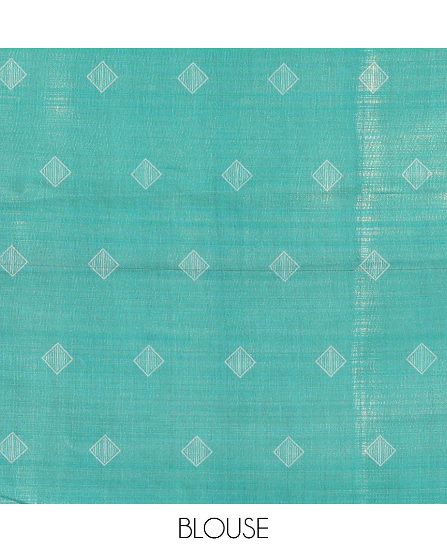 Borderless brown and Rama green zari stripes and geometric patterns printed soft tussar saree, geometric printed pallu, and contrast diamond motif printed blouse