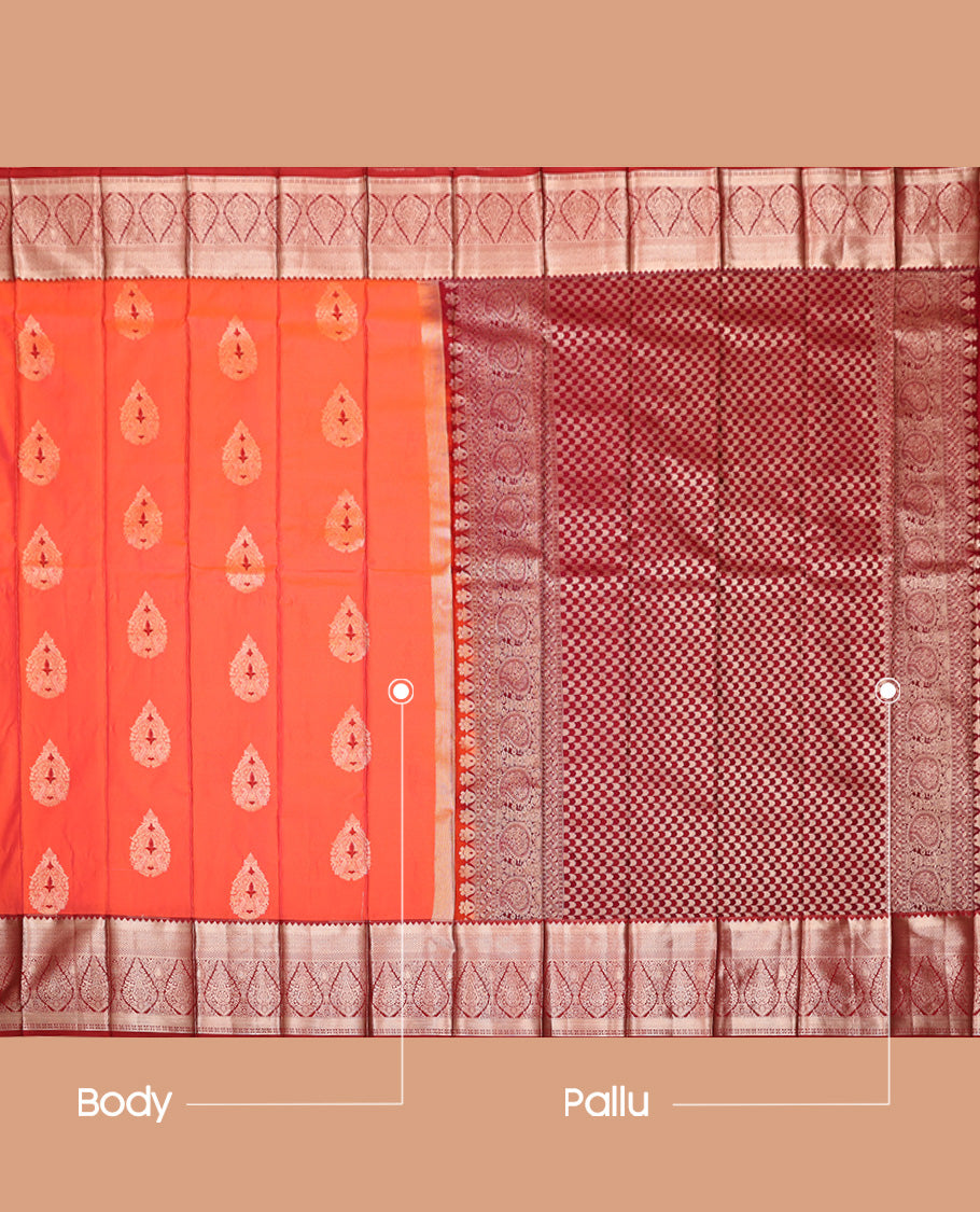 Orange Budget Silk Saree, Beautifully Bedecked with Zari Buttas, Complemented by a Contrast Traditional Zari Design Border, Grand Geometric Pallu, and Paired with a Contrast Blouse