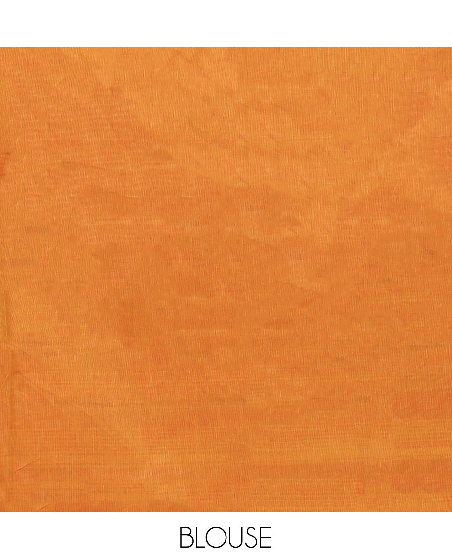 Orange Chettinad Cotton Saree, Finely Crafted with Buttas All Over Its Body, Complemented by a Contrast Ganga-Jamuna Kal Eragina Border of Kodi Peacock and Elephant Designs, Pallu of Buttas and Stripes, and Paired with a Matching Blouse