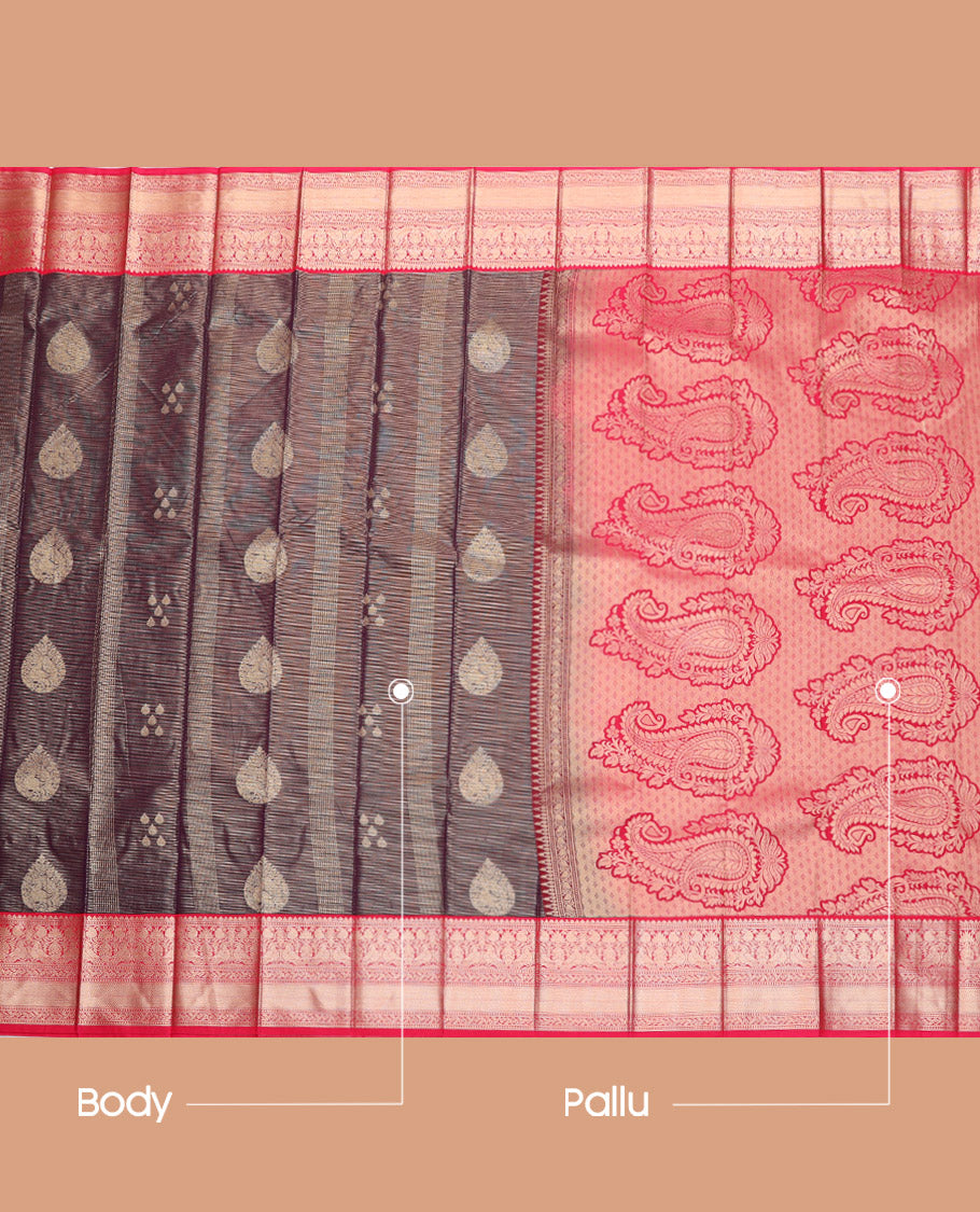 Brown Budget Silk Saree, Elegantly Highlighted with Zari Buttas and Stripes, Complemented by a Contrast Traditional Zari Border, Paisley Pallu, and Contrast Blouse