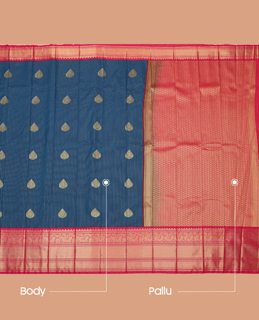 Blue Budget Silk Saree, Mesmerized with Zari Buttas and Stripes All Over Its Body, Complemented by Contrast Traditional Zari Design Border, Gleaming Jaal Pallu, and Paired with a Contrast Blouse
