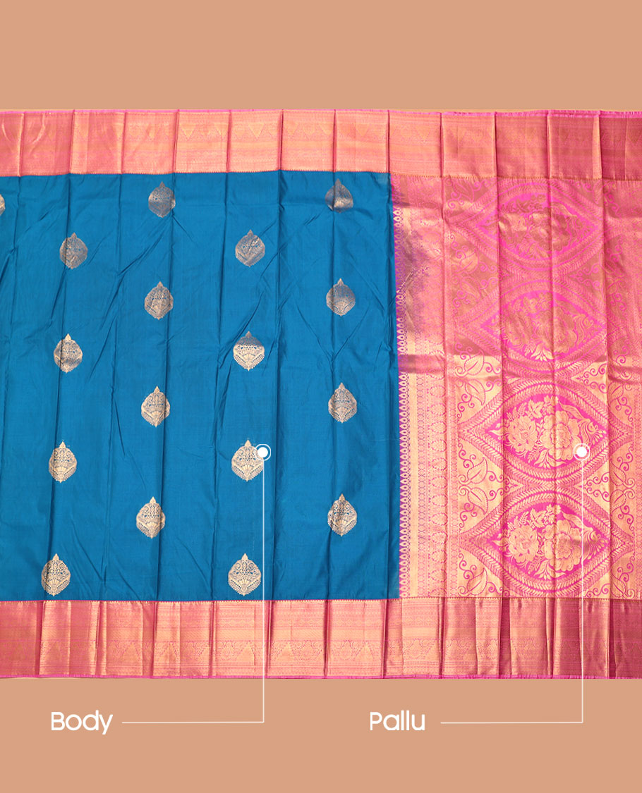 Blue Budget Silk Saree, Graced with Zari Buttas, Complemented by Contrast Traditional Zari Border, a Grand Pallu and a Contrast Blouse