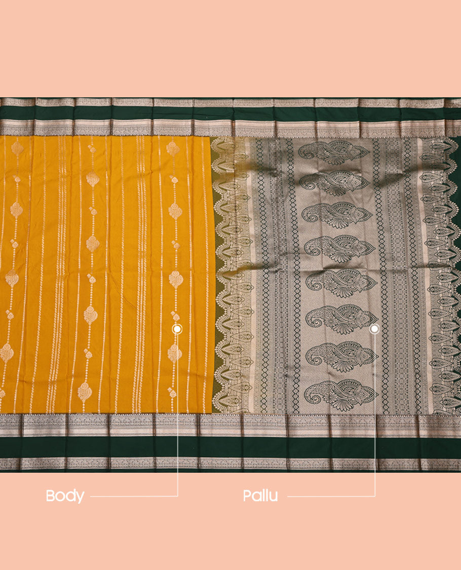 Yellow Budget Silk Saree, Decked Up with Zari Designs All Over Its Body, Complemented by a Contrast Traditional Zari Design Rettai Pettu Border, Intricate Pallu, and Paired with a Contrast Blouse
