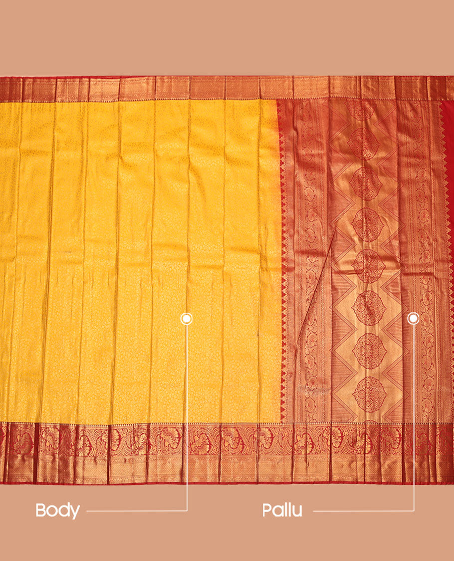 Yellow Budget Silk Saree, Gleamed Up with Floral Jacquard, Complemented by Contrast Traditional Zari Border, Grand Pallu, and Contrast Blouse