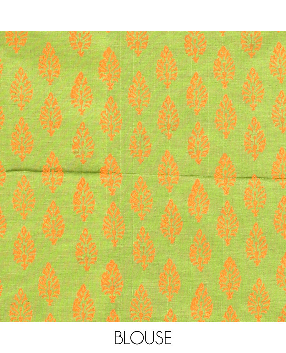 Borderless Orange Poly Cotton Saree, Graced with Leaf and Tree Motifs Print, a Self-Pallu, and a Contrast Printed Blouse