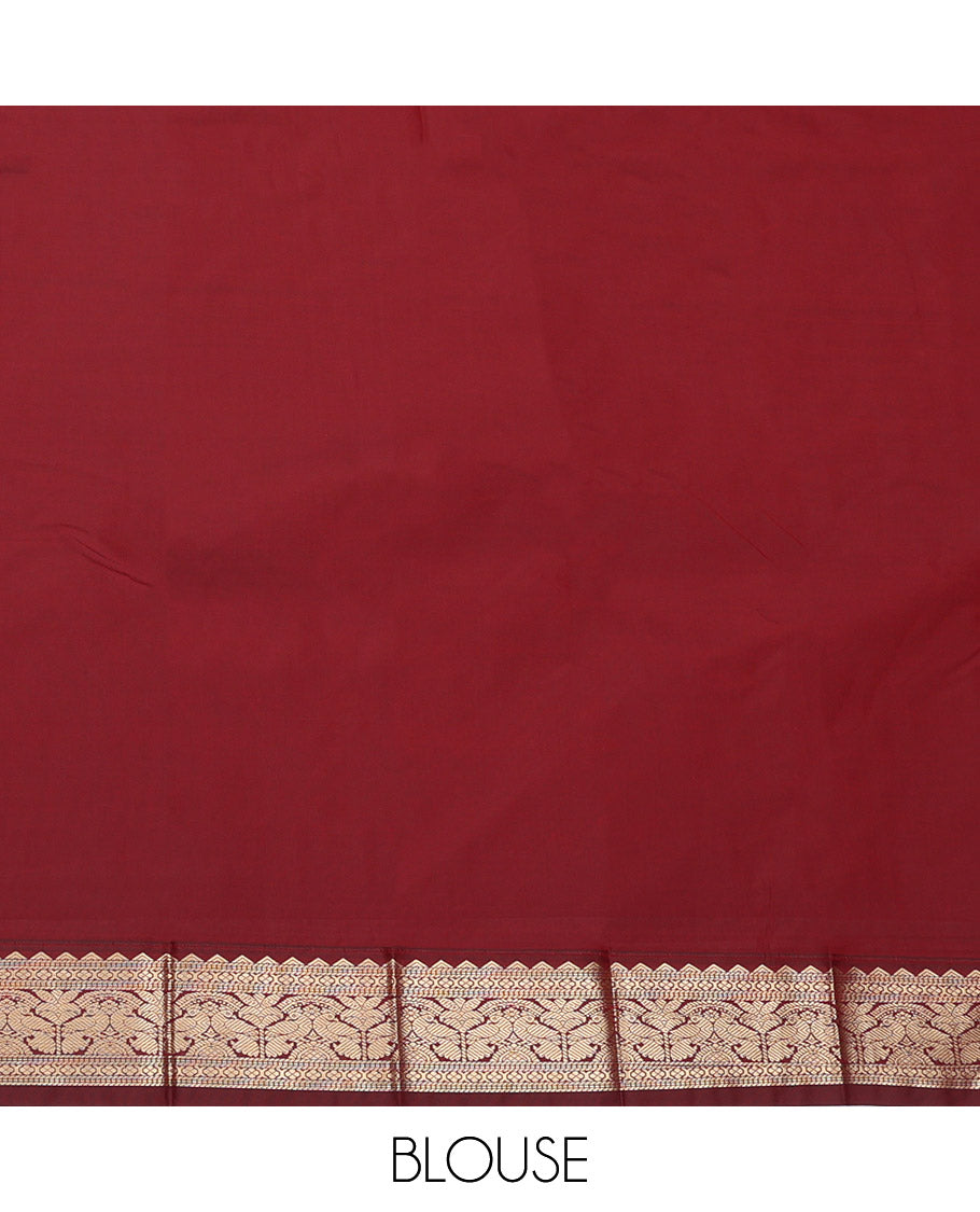 Parrot Green Budget Silk Saree, Sparsely Woven with Zari Buttas and Stripes, Complemented by a Contrast Traditional Zari Border, Geometric Pallu, and a Contrast Blouse