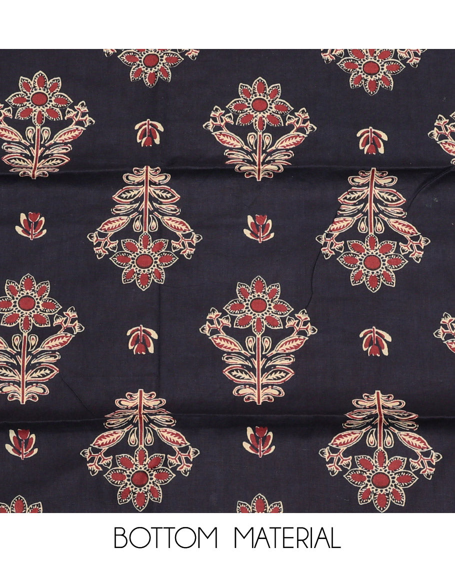 Black Cotton Material Churidar Set, Enthralled with Buttas and Mirror Work Top, Printed Bottom, and Printed Chiffon Dupatta