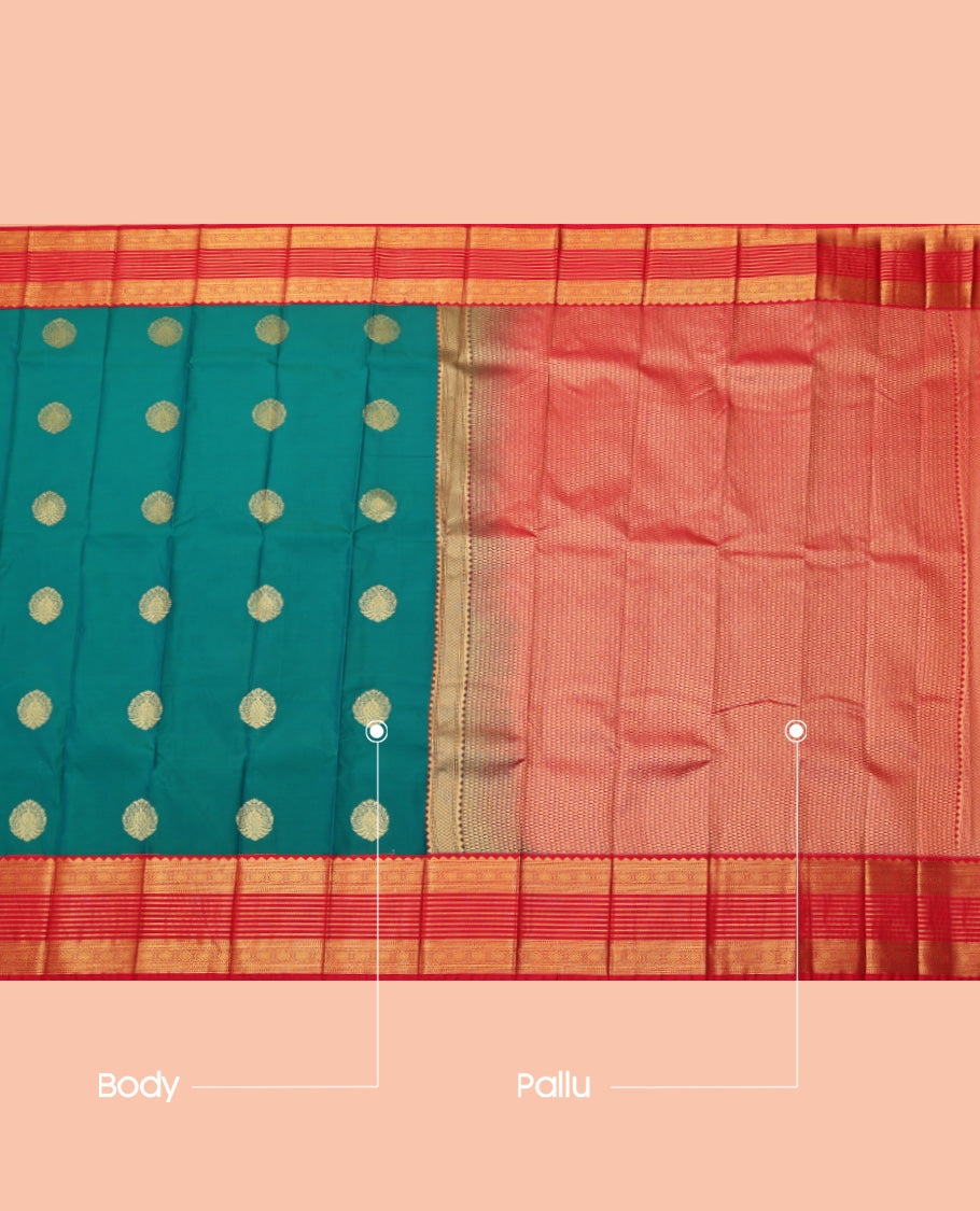 Green Budget Silk Saree, Decked Up with Zari Buttas, Complemented by a Contrast Traditional Zari Border, Grand Pallu, and a Contrast Blouse