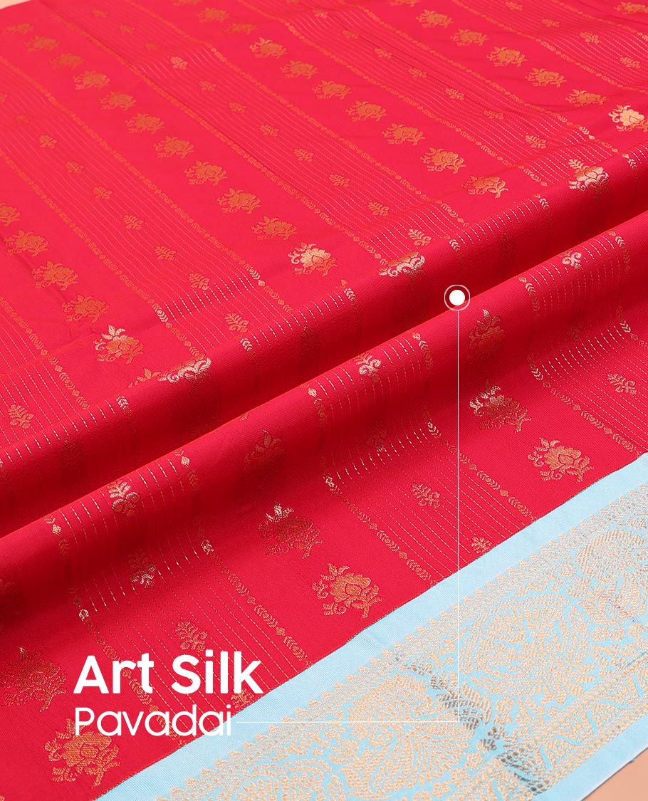 Red Art Silk Pavadai Material Set, Gleamed Up with Zari Design on Its Skirt, Complemented by a Contrast Traditional Zari Design Border, and Paired with a Contrast Blouse
