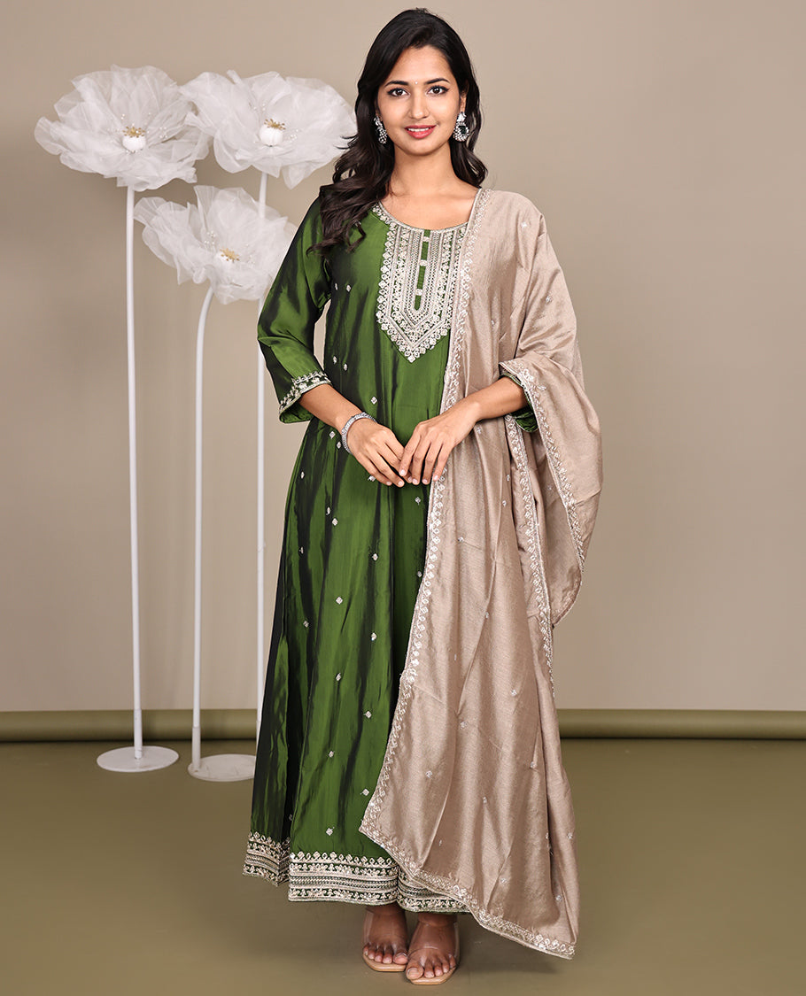 Green Ready-Made Rayon Suit, Delicately Woven with Embroidered Round-Neckline, 3/4 Sleeves, and a Straight-Cut Top, Paired with Straight-Cut Pants and a Contrast Embroidered Dupatta