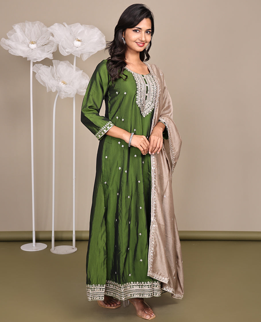 Green Ready-Made Rayon Suit, Delicately Woven with Embroidered Round-Neckline, 3/4 Sleeves, and a Straight-Cut Top, Paired with Straight-Cut Pants and a Contrast Embroidered Dupatta