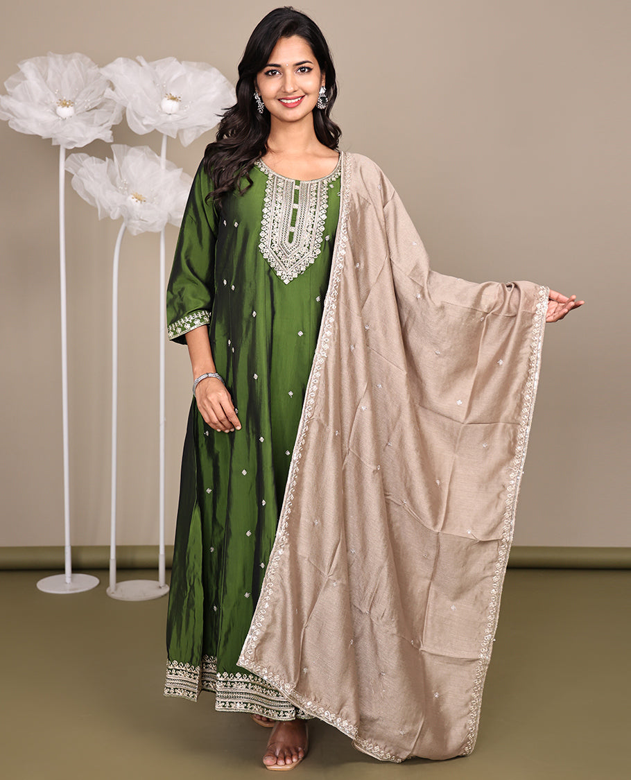 Green Ready-Made Rayon Suit, Delicately Woven with Embroidered Round-Neckline, 3/4 Sleeves, and a Straight-Cut Top, Paired with Straight-Cut Pants and a Contrast Embroidered Dupatta